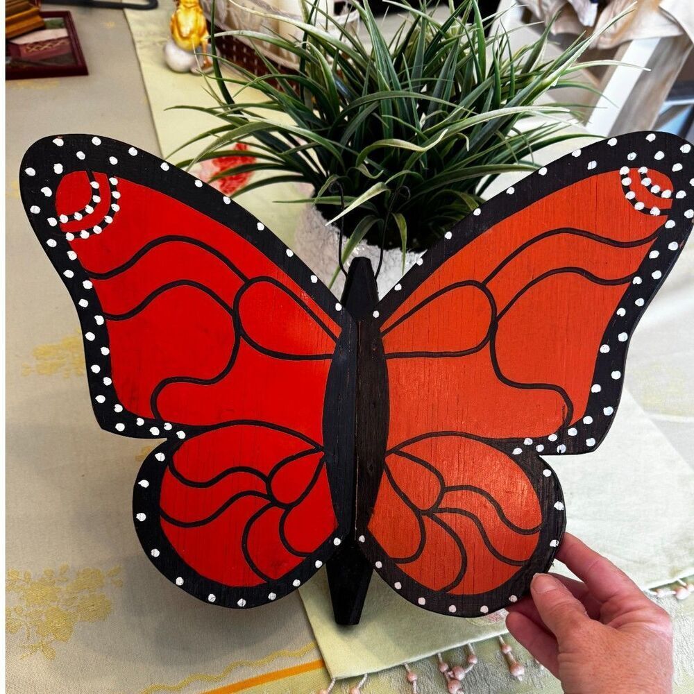Vintage wooden handmade and hand painted garden butterfly; cottage garden decor